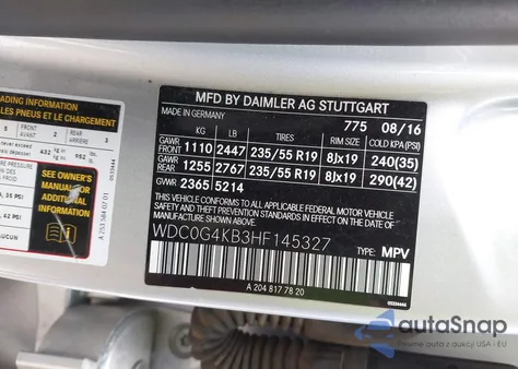 2017 Mercedes-Benz Glc 300 4Matic z USA, uszkodzony, nr VIN WDC0G4KB3HF145327